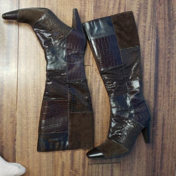 GUC Bandolino Brown Patchwork Knee High Heel Boots - Picture 4 of 8